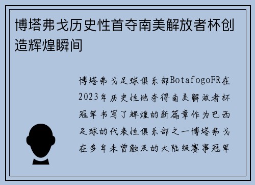 博塔弗戈历史性首夺南美解放者杯创造辉煌瞬间 博塔弗戈历史性首夺南美解放者杯创造辉煌瞬间